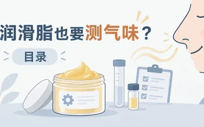 润滑脂也要测气味？润滑脂罐、试管与检查清单的气味检测插画