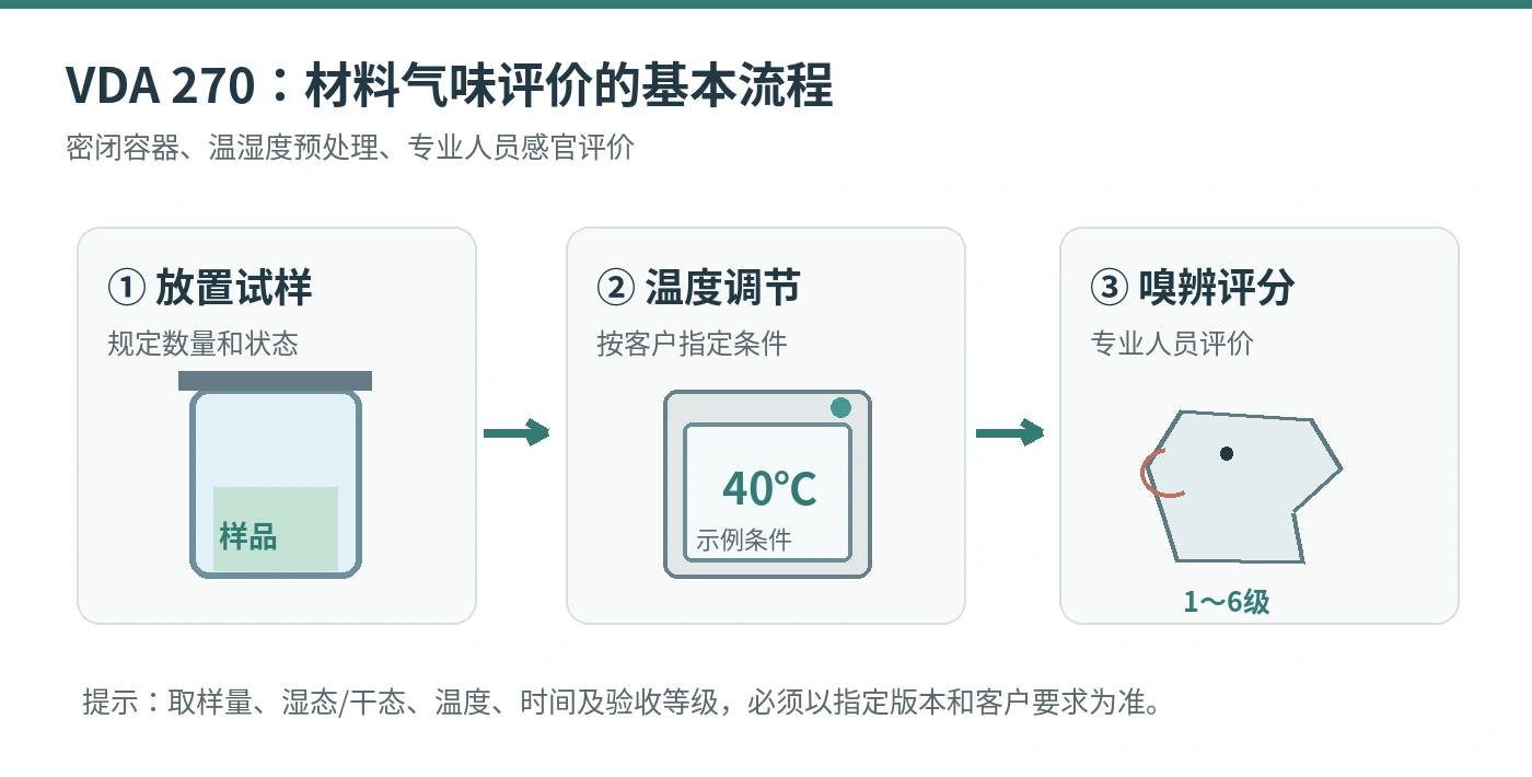 VDA 270 材料气味评价基本流程，40℃仅为示例条件