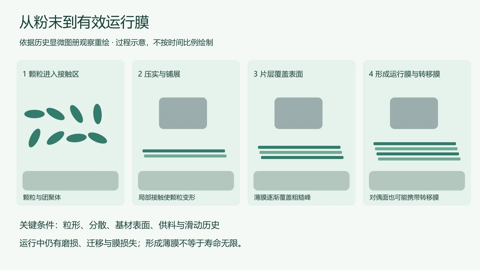 颗粒压实、片层铺展与转移膜形成的四步示意