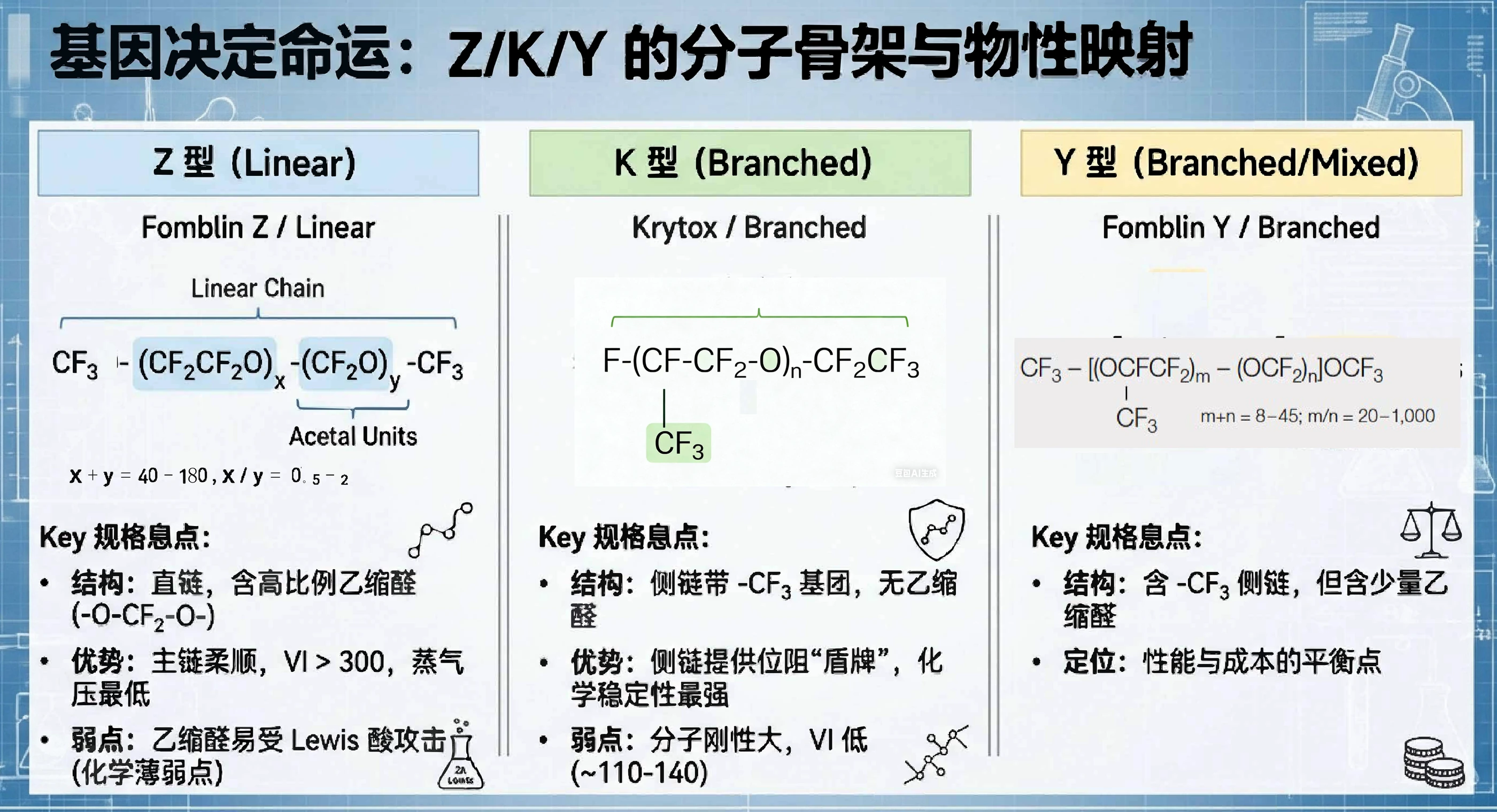 Z、K、Y 三类 PFPE 分子骨架与物性对照