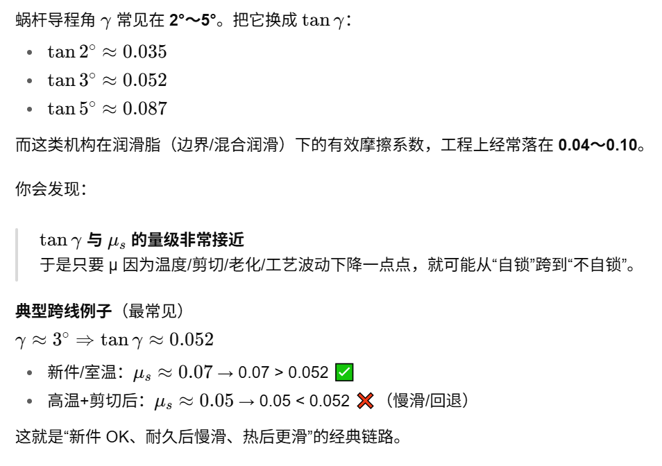 4)为什么 μ 在蜗轮蜗杆自锁里“特别关键”?——因为你们常常在踩线